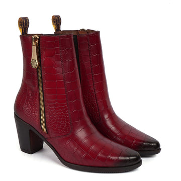 Pointed Toe Wine Deep Cut Croco Leather Women Boots by Brune & Bareskin