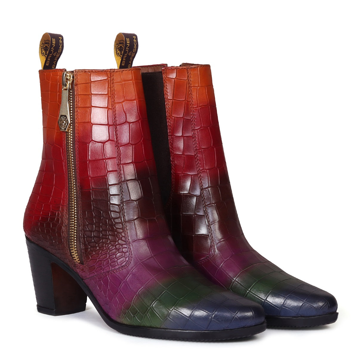 Multi Colored Ladies Boot With Zip Closure in Deep Cut Croco Textured Leather by Brune & Bareskin