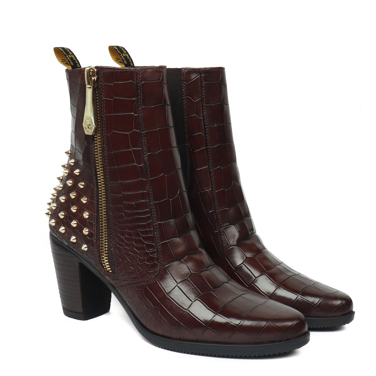Studded Brown Boots for Ladies in Deep Cut Croco Textured Leather by Brune & Bareskin