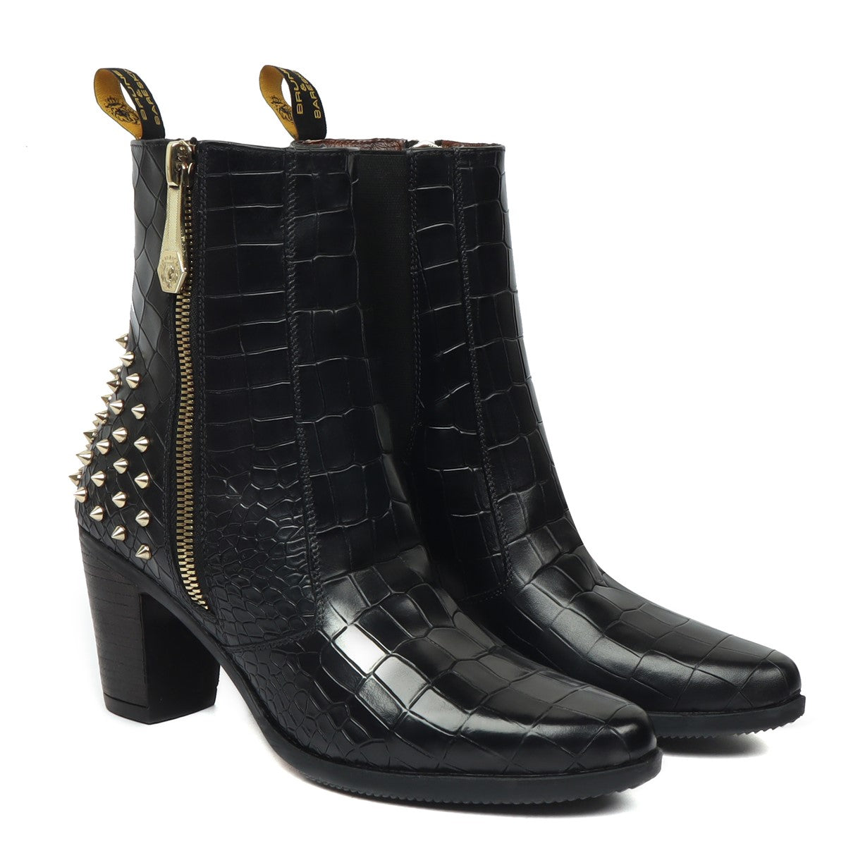 Black Studded Deep Cut Croco Ankle women boots by Brune & Bareskin