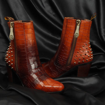 Studded Ankle Deep Cut Croco Dual Tone Tan & Brown Leather Ladies Boots By Brune & Bareskin