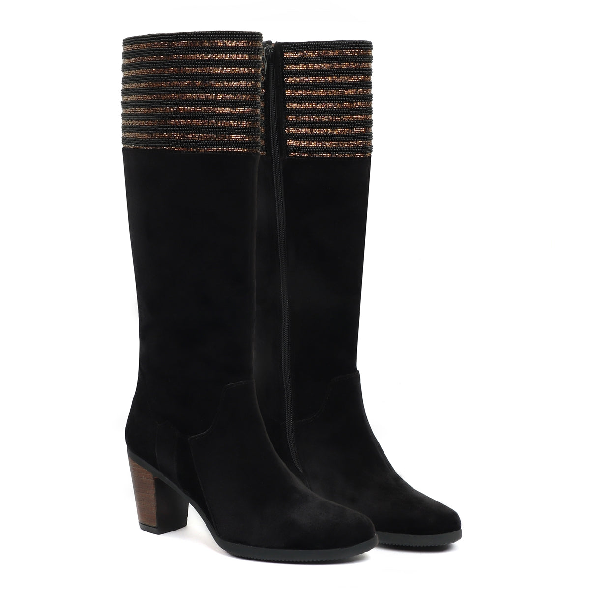 Ladies Luxurious Horizontal Lines Cut Stone Black and Golden Zardosi Velvet Knee Height Long Boots By Brune & Bareskin