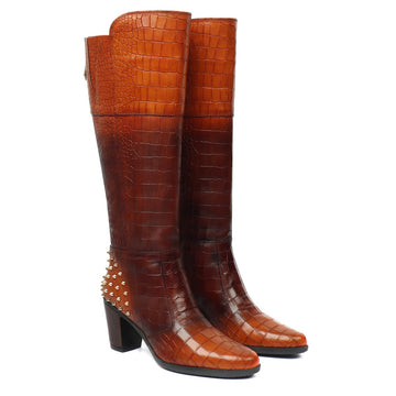 Dual Tone Tan-Brown Deep Cut Croco Leather knee Length Ladies Zipper Boots by Brune & Bareskin