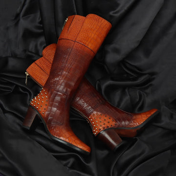 Dual Tone Tan-Brown Deep Cut Croco Leather knee Length Ladies Zipper Boots by Brune & Bareskin