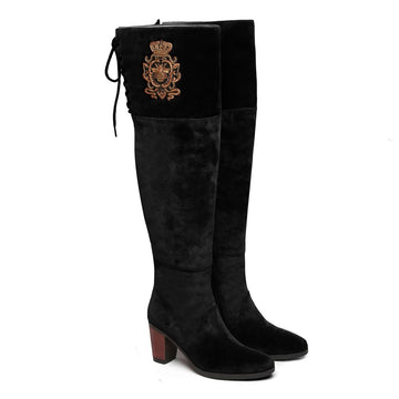 Knee Height Black velvet Long Boots with Top Laces Handmade Honey Bee Crest Zardosi By Brune & Bareskin