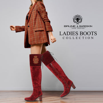 Red velvet Top Lace Hand Zardosi Honey Bee Crest Ladies Knee Height Long Boots By Brune & Bareskin