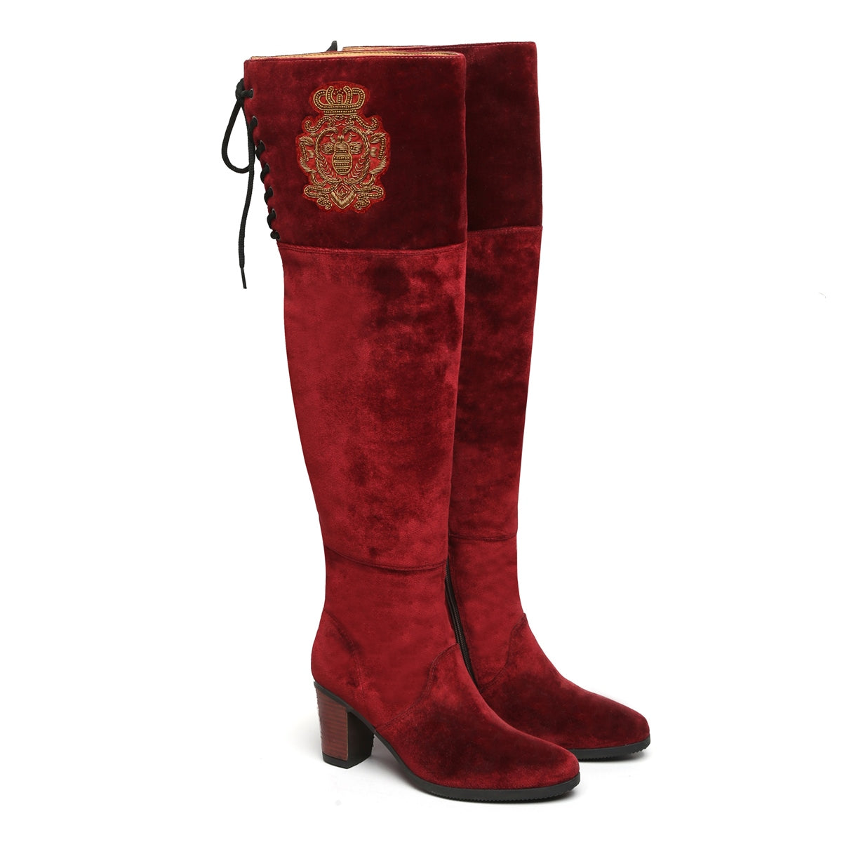 Red velvet Top Lace Hand Zardosi Honey Bee Crest Ladies Knee Height Long Boots By Brune & Bareskin