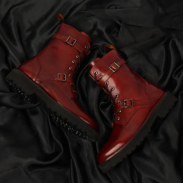 Wine Leather Buckle Fastening Combat Lace Up Ladies Boots By Brune & Bareskin