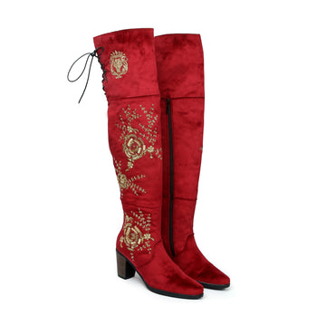 Red velvet Top Lace Golden Floral Royal Hand Zardosi Crest Ladies Knee Height Long Boots By Brune & Bareskin
