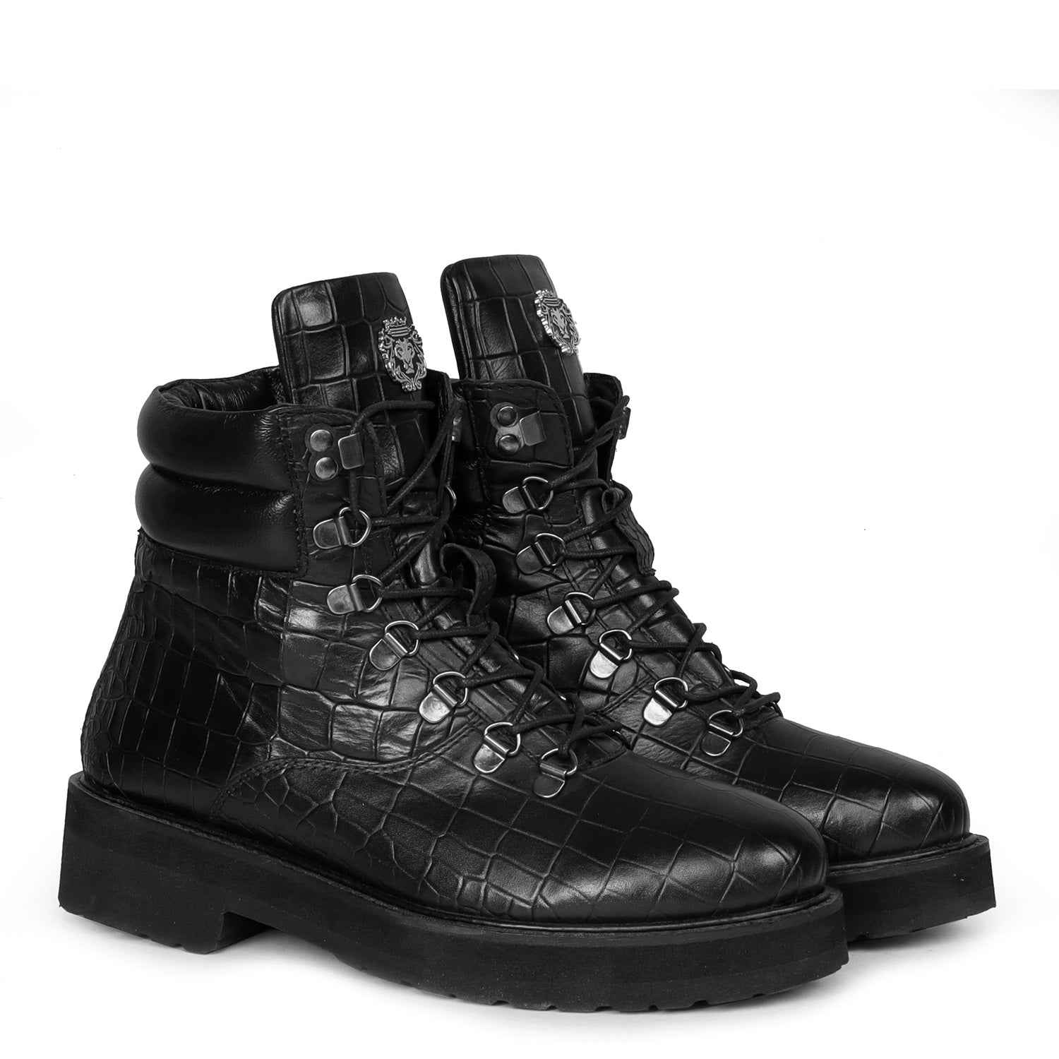 Women Light Weight Biker Boots in Black Deep Cut Croco Textured Leathe
