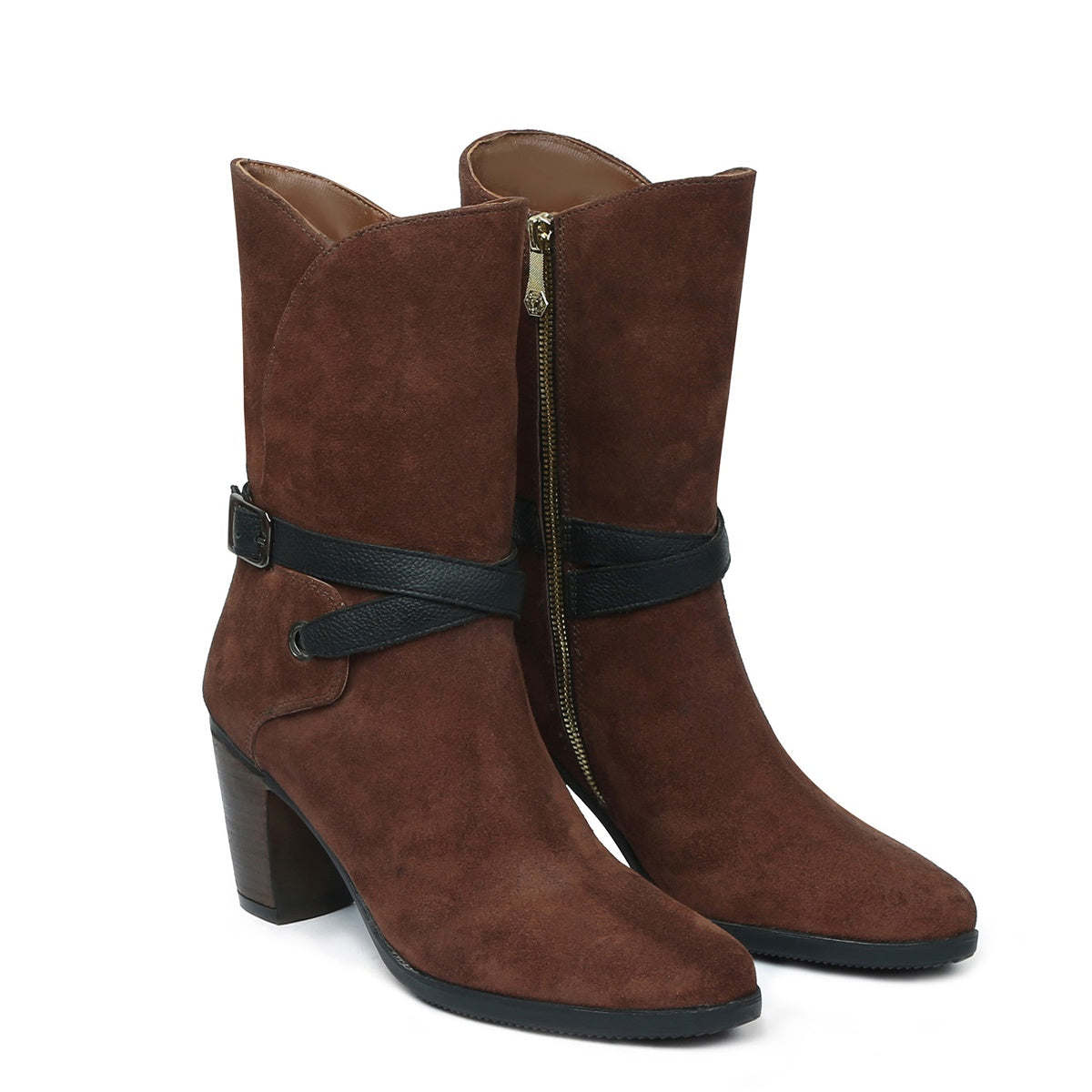 Brown Suede Leather High Ankle Blocked Heel With Black Strap Ladies Boots By Brune & Bareskin