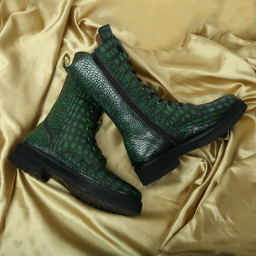 Smokey Finish Green Deep Cut Croco Leather With Metal Lion Logo Lace-Up Ladies Boots By Brune & Bareskin