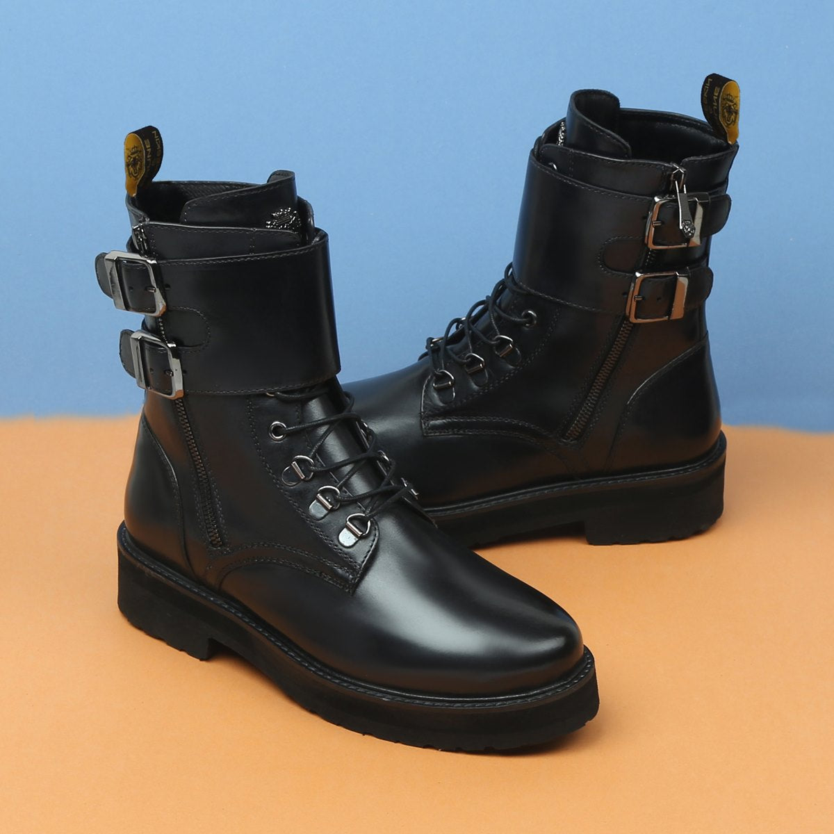 Black Leather Lace Up Ladies Boots Double Buckle Fastening Combat By B