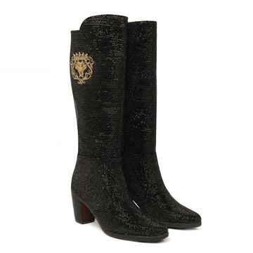 Black and Golden Rhinestone Beads Zardosi Leather Ladies Long Boots by Brune & Bareskin
