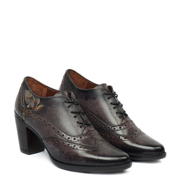 Hand Painted Deer Head Cloudy Grey-Black Full Wingtip Punching Brogues Oxford Patent Leather Boots by Brune & Bareskin