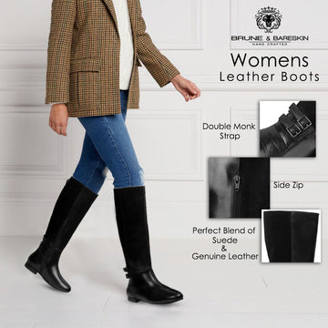 Black Leather Adjustable Buckle Croco Heel Cap With Side Zip High Ankle Ladies Boots