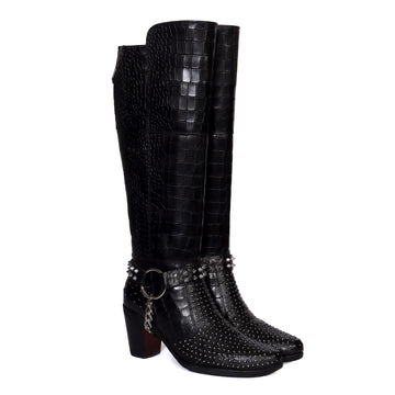 Silver Studded Black Boot with Metal Fleck & Removable Buckle Strap