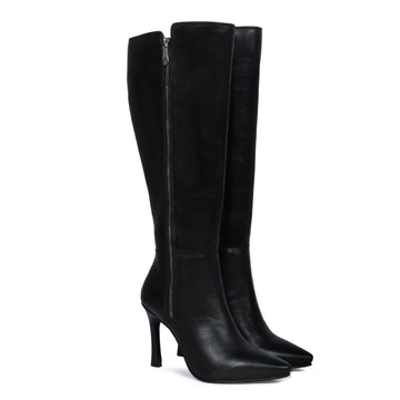 Ladies Stiletto Pencil Heel Boots Black Pointed Toe Zip Closure Knee Heights Leather By Brune & Bareskin