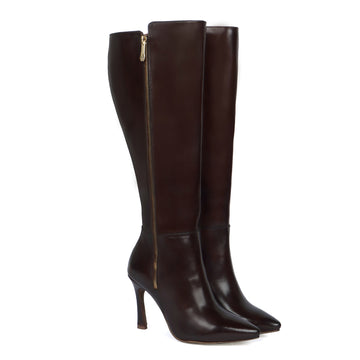 Pointed Toe Zipper Knee Heights Dark Brown Leather Ladies Stiletto Pencil Heel Boots By Brune & Bareskin