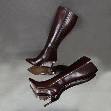 Pointed Toe Zipper Knee Heights Dark Brown Leather Ladies Stiletto Pencil Heel Boots By Brune & Bareskin