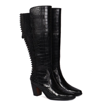 Studded Black Croco Textured Leather knee Length Blocked Heel Ladies Zipper Boots by Brune & Bareskin