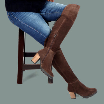 Knee Height Top lace-Up Zip Closure Dark Brown Suede Leather Ladies Blocked Heel Boot By Brune & Bareskin