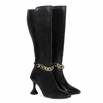 Black Pointed Toe Chain Accent Zip Closure Knee Heights Leather Ladies Fluted Heel Boots By Brune & Bareskin