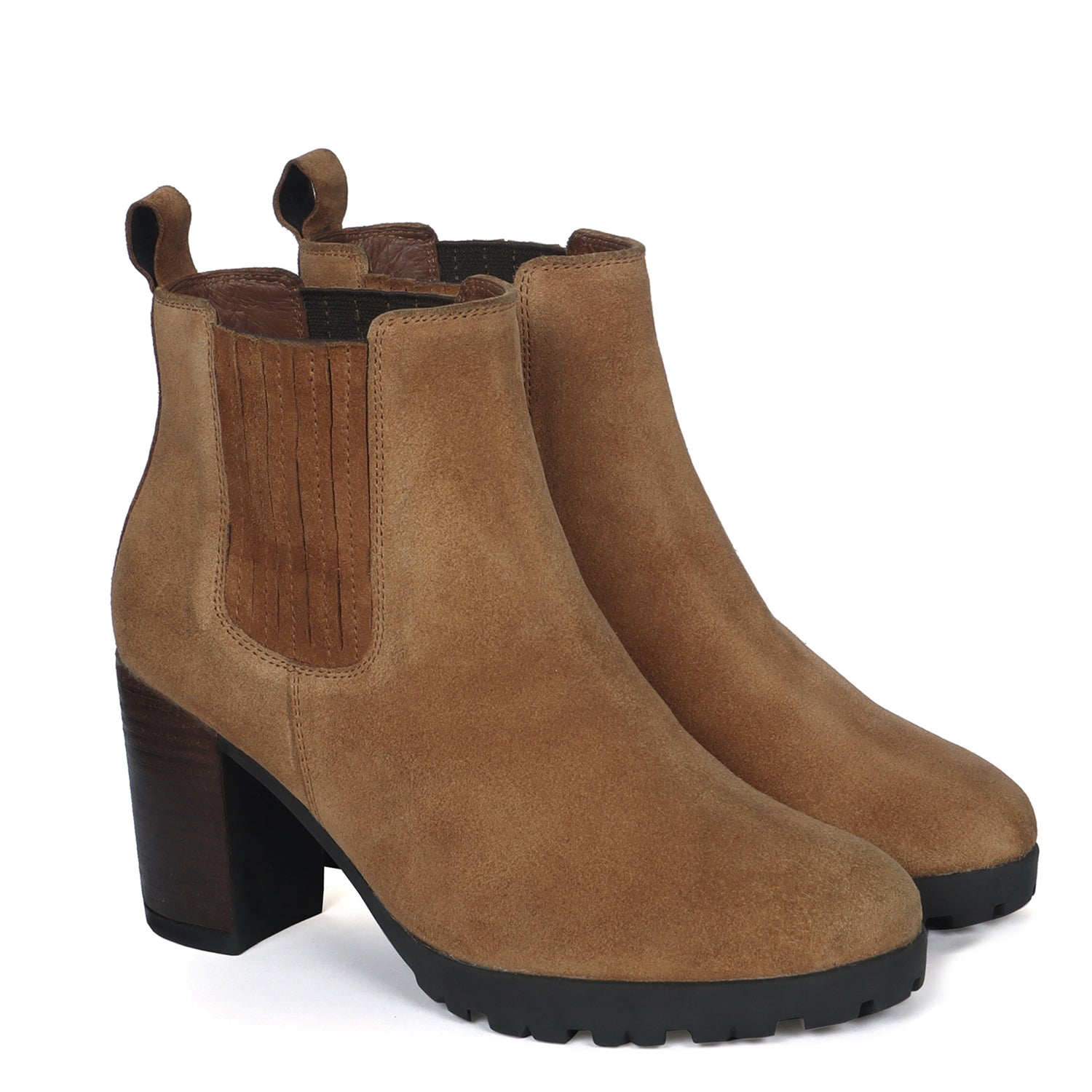 Brown Suede Stitched Leather Elastic Ladies Blocked Heel Boots By Brune & Bareskin