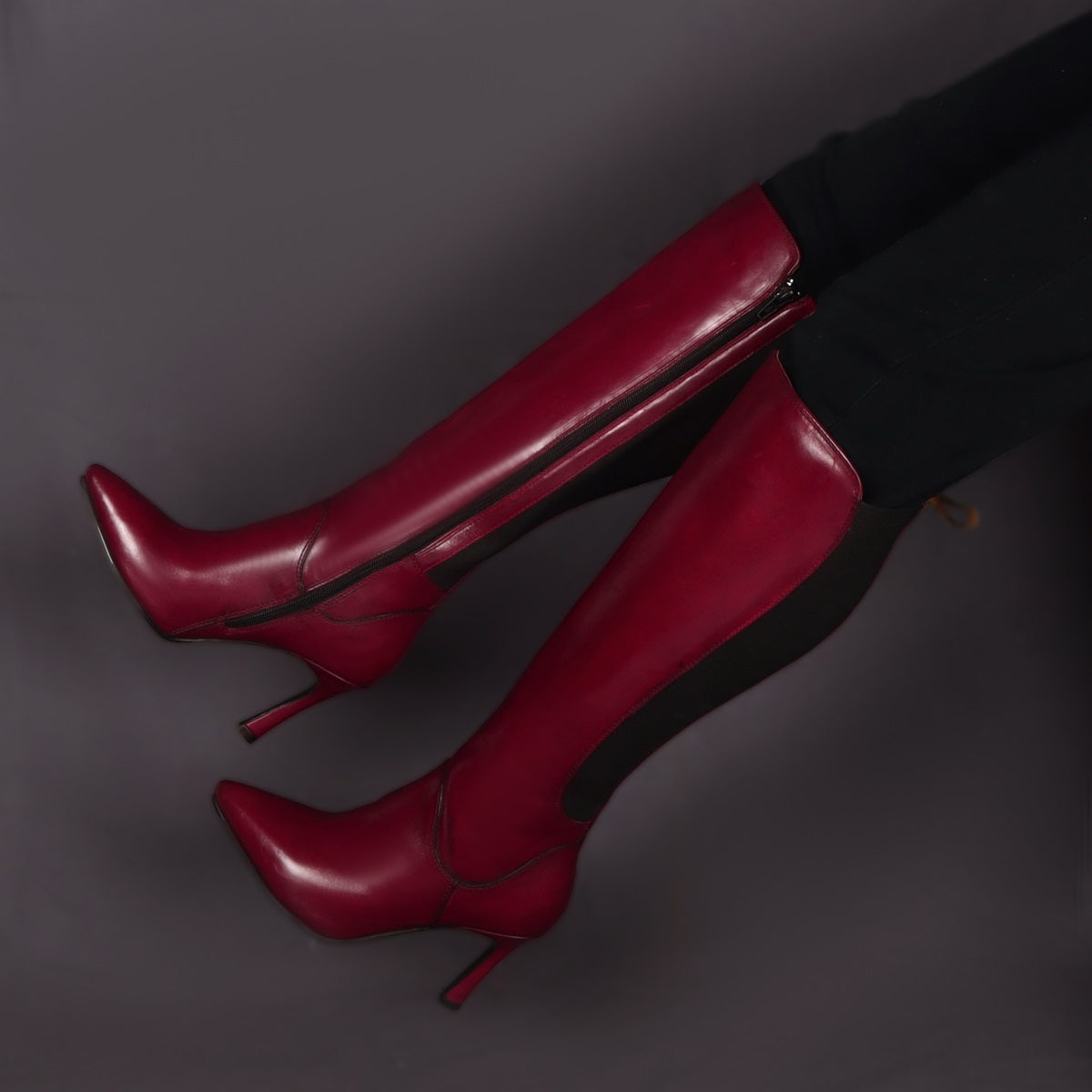 Wine Comfort And Adjustable Elastic Pointed Toe Knee Heights Leather L