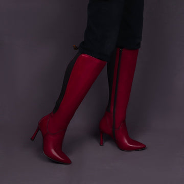 Wine Comfort And Adjustable Elastic Pointed Toe Knee Heights Leather Ladies Stiletto Pencil Heel Boots by Brune & Bareskin