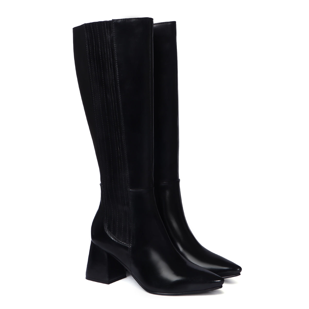 Blocked Heel Adjustable Elastic Pointed Toe Knee-Height Black Leather Ladies Boots By Brune & Barerskin