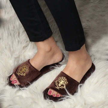 Embroidered Lion Logo Dark Brown Two Tone Full Velvet Women Slippers By Brune & Bareskin