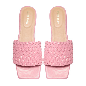 Women's Light Pink Leather Squared Toe Weaved Strap Slide-in Slippers By Bareskin