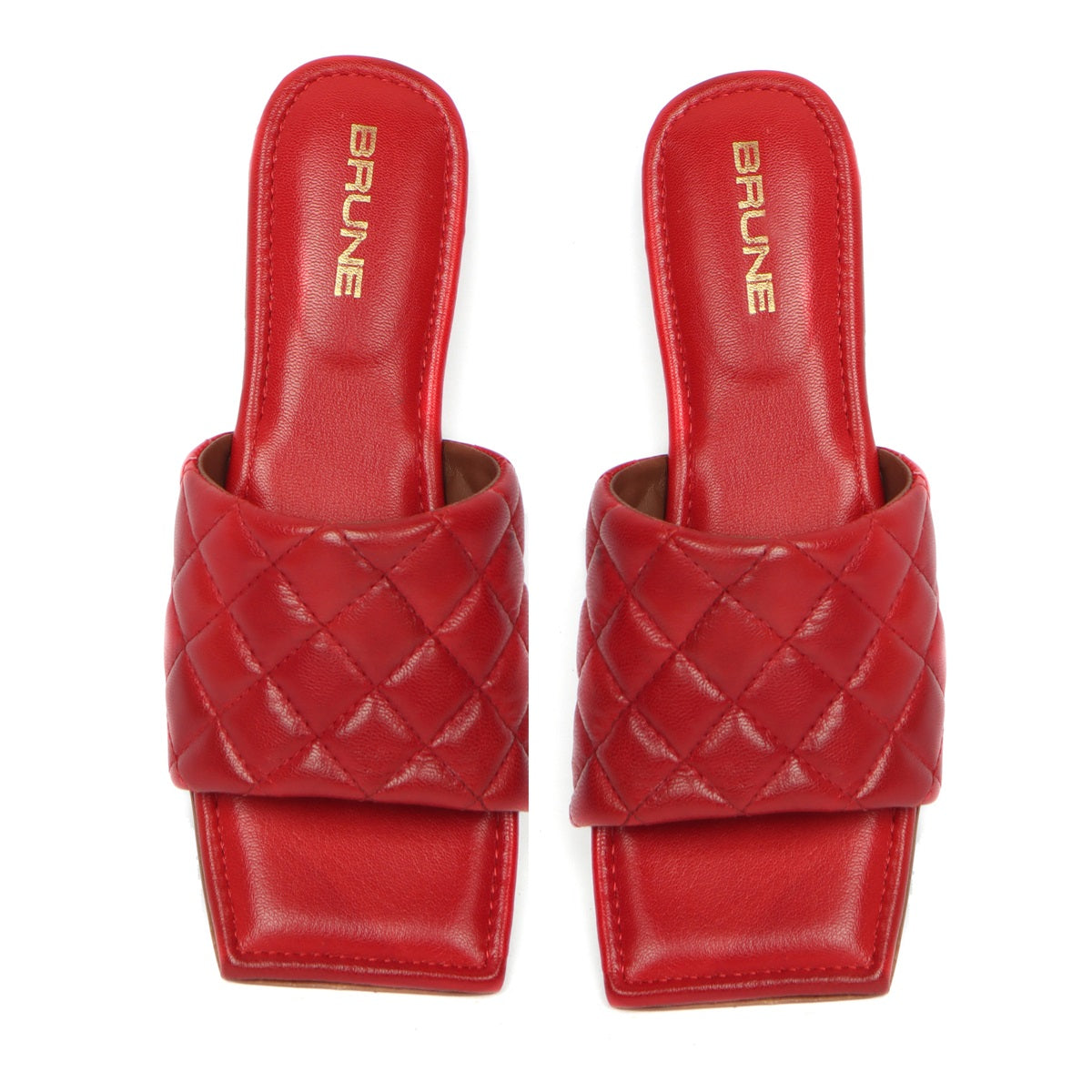 Women's Red Leather Squared Toe Quilted Strap Slide-in Slippers By Brune & Bareskin