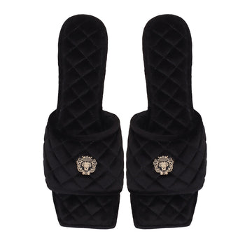 Black Full Quilted Stitched Squared Toe Italian Velvet Slide-in Slippers With Lion Logo By Brune & Bareskin