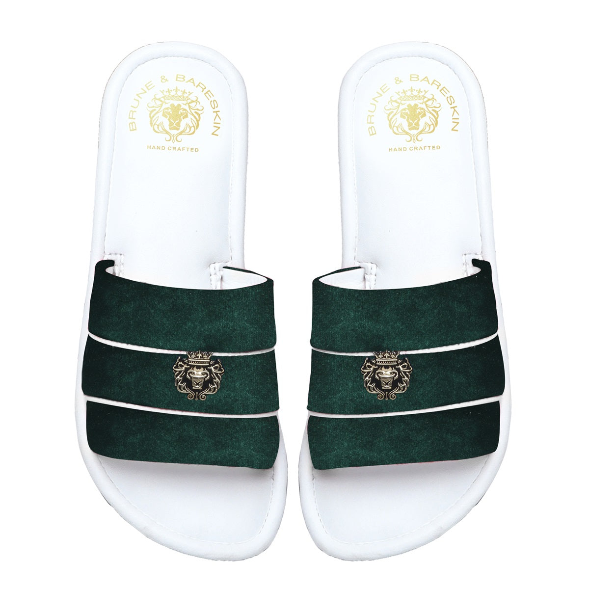Women's Green Velvet Strap White Leather Slide-in Slippers by BRUNE & BARESKIN