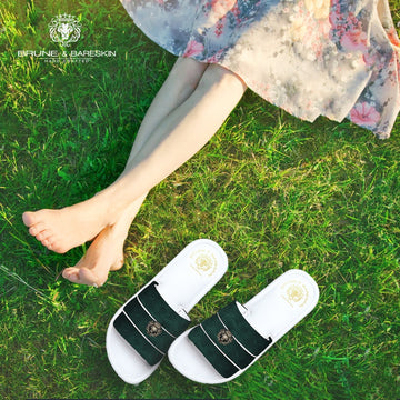Women's Green Velvet Strap White Leather Slide-in Slippers by BRUNE & BARESKIN