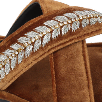 Women's Tan Leaf Design Silver Zardosi Embroidery Cross Strap Slide-In Slippers By Brune & Bareskin