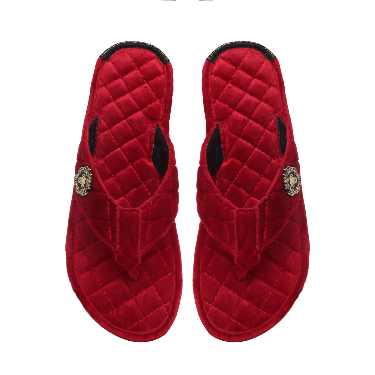Women V-Strap Red Full Quilted Soft Italian Velvet Slippers By Brune & Bareskin