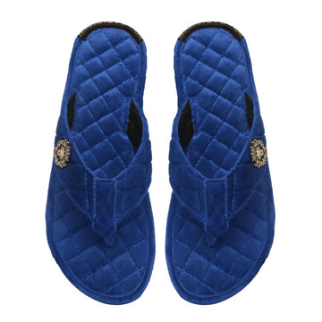Women V-Strap Blue Full Quilted Soft Italian Velvet Slippers By Brune & Bareskin