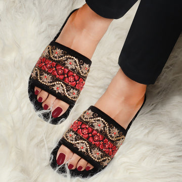 Stone & Zardosi Party Wear Black Slide-In-Slipper by Brune & Bareskin