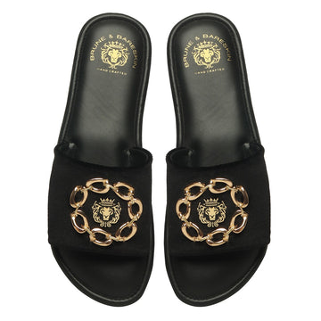 Women's Golden Chain & Lion Logo Black Velvet Slide-In-Slippers by Brune & Bareskin