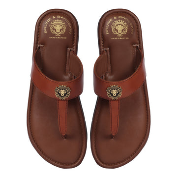 T-Strap Tan Genuine Leather Ladies Slippers with Metal Lion