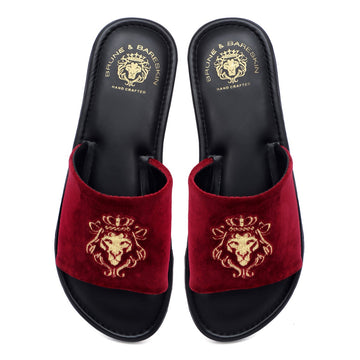 Embroidered Velvet Lion Logo Red Two Tone Leather Slide-In Slippers For Women By Brune & Bareskin