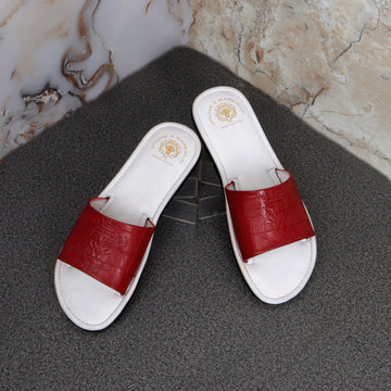 Dual Color Deep Cut Croco Print Red/White Leather Slide-In-Slippers For Ladies by Brune & Bareskin