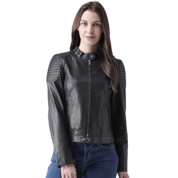 Black Slim-Fit Leather Jacket For Women