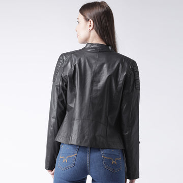 Black Slim-Fit Leather Jacket For Women
