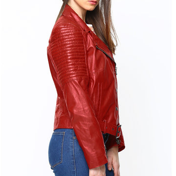 Red Leather Women Padded Sleeves Biker Jacket by BARESKIN