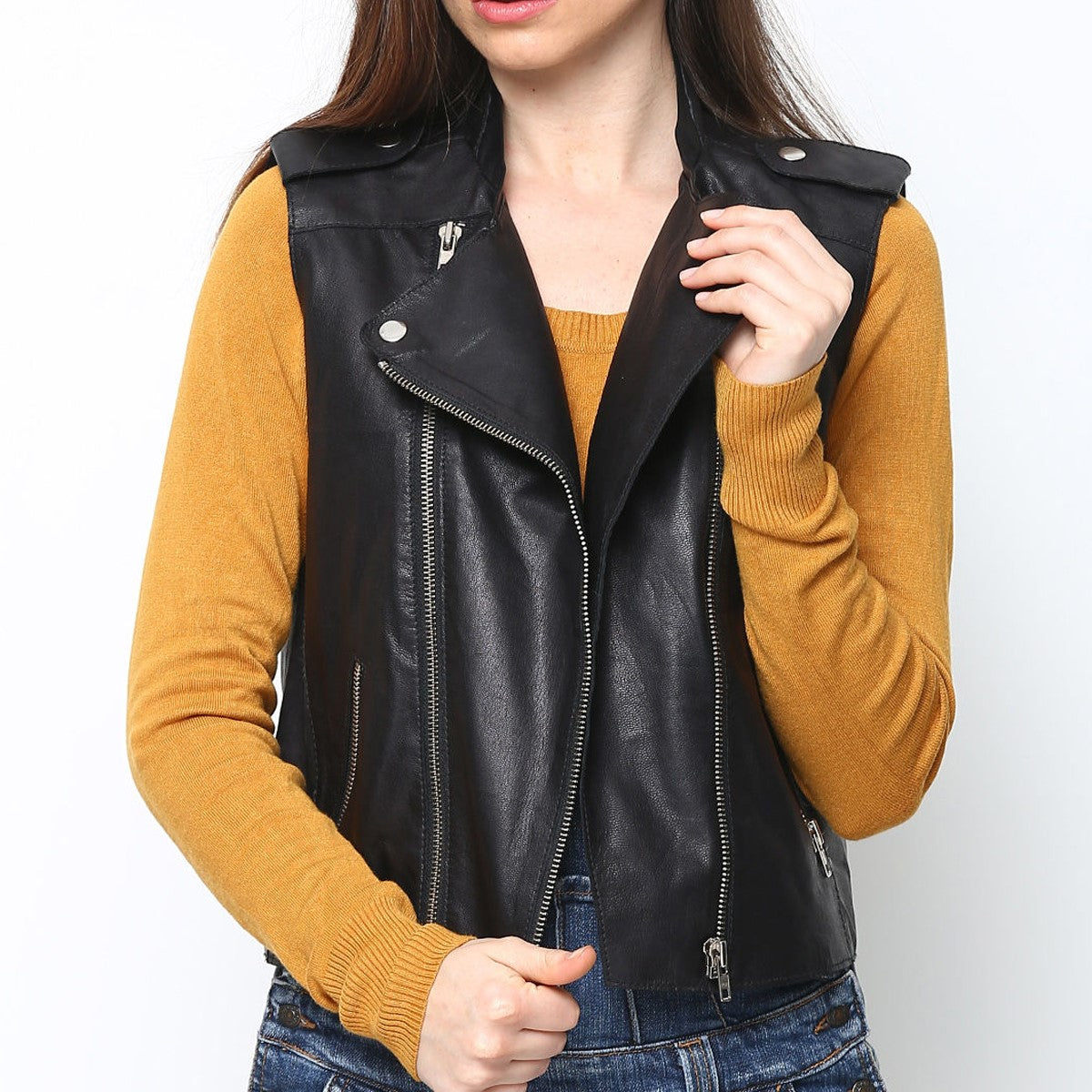 Brune & Bareskin Women Black Sleeveless Leather Jacket