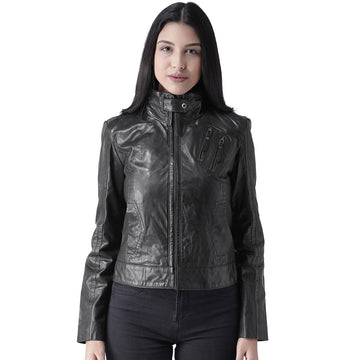 Black Leather Full Sleeve Ladies Jacket